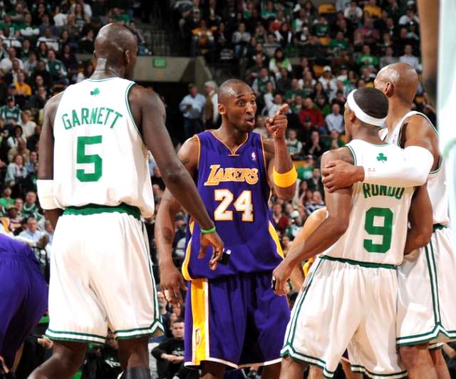 Kobe Bryant points a finger at Rajon Rondo (Boston Celtics) / Kevin Garnett, Ray Allen Pictures, Images and Photos